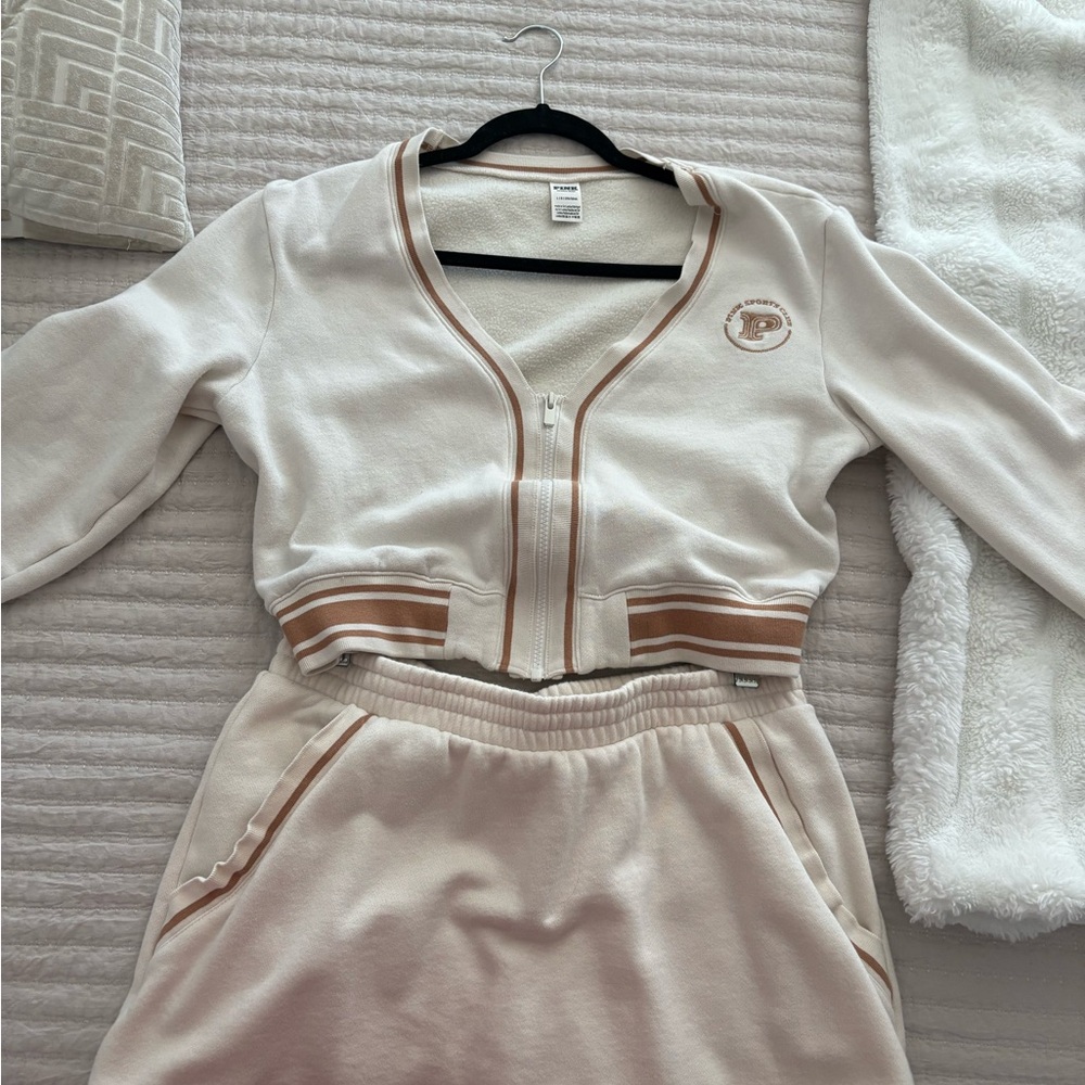 Ivy Fleece Front-Zip Cardigan and Tan Skirt Set